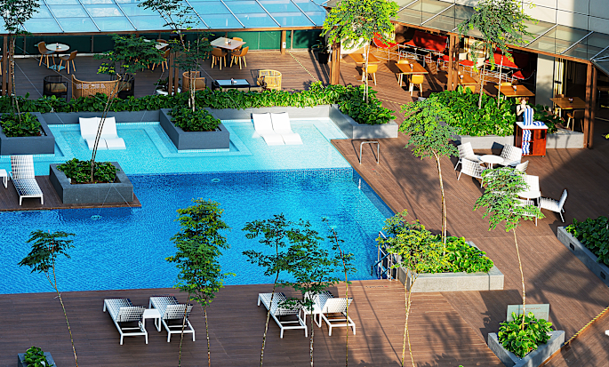 Kolam renang dan kursi lounge